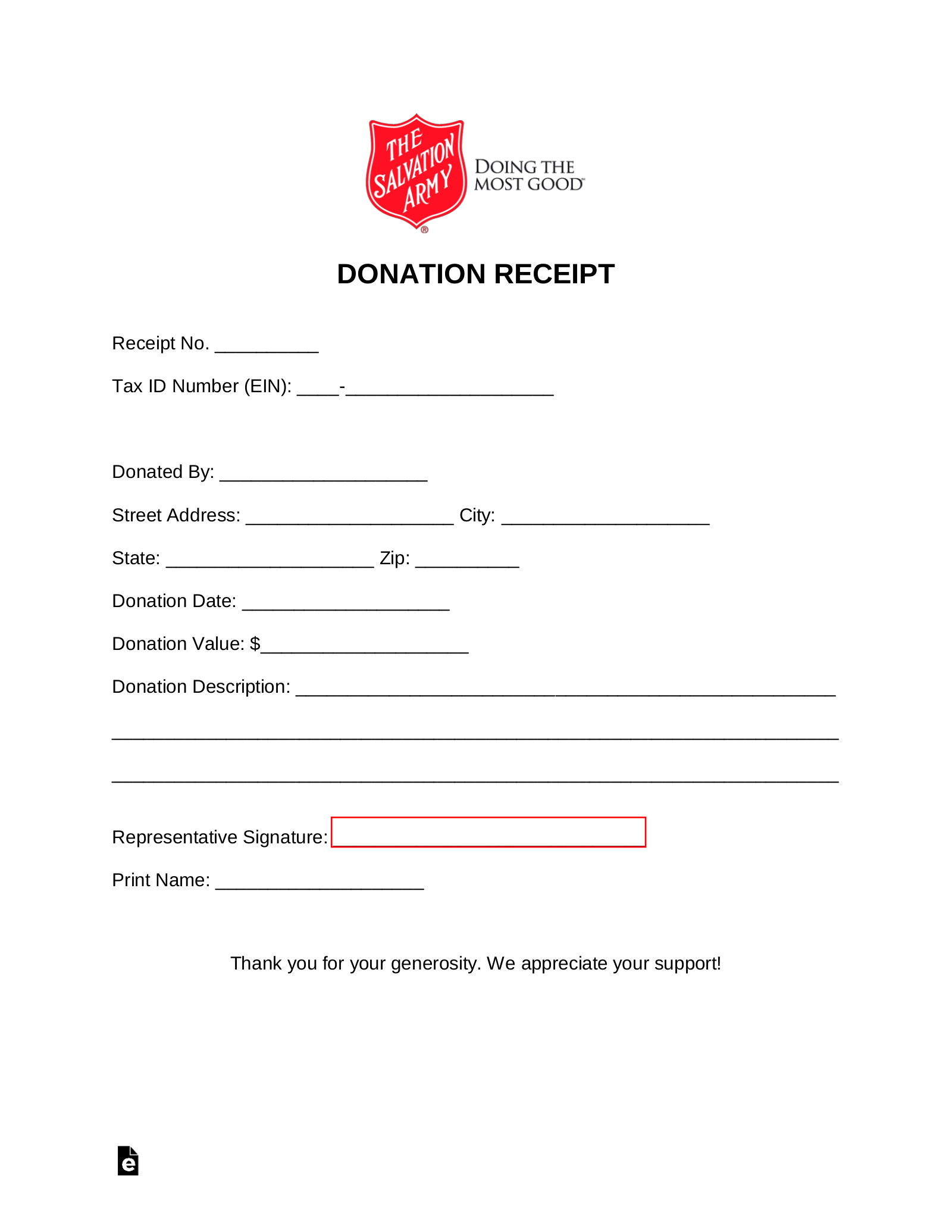 Salvation Army Donation Receipt Template