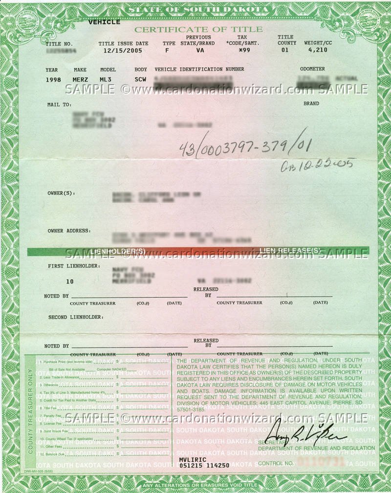 donate a car south dakota title 2005